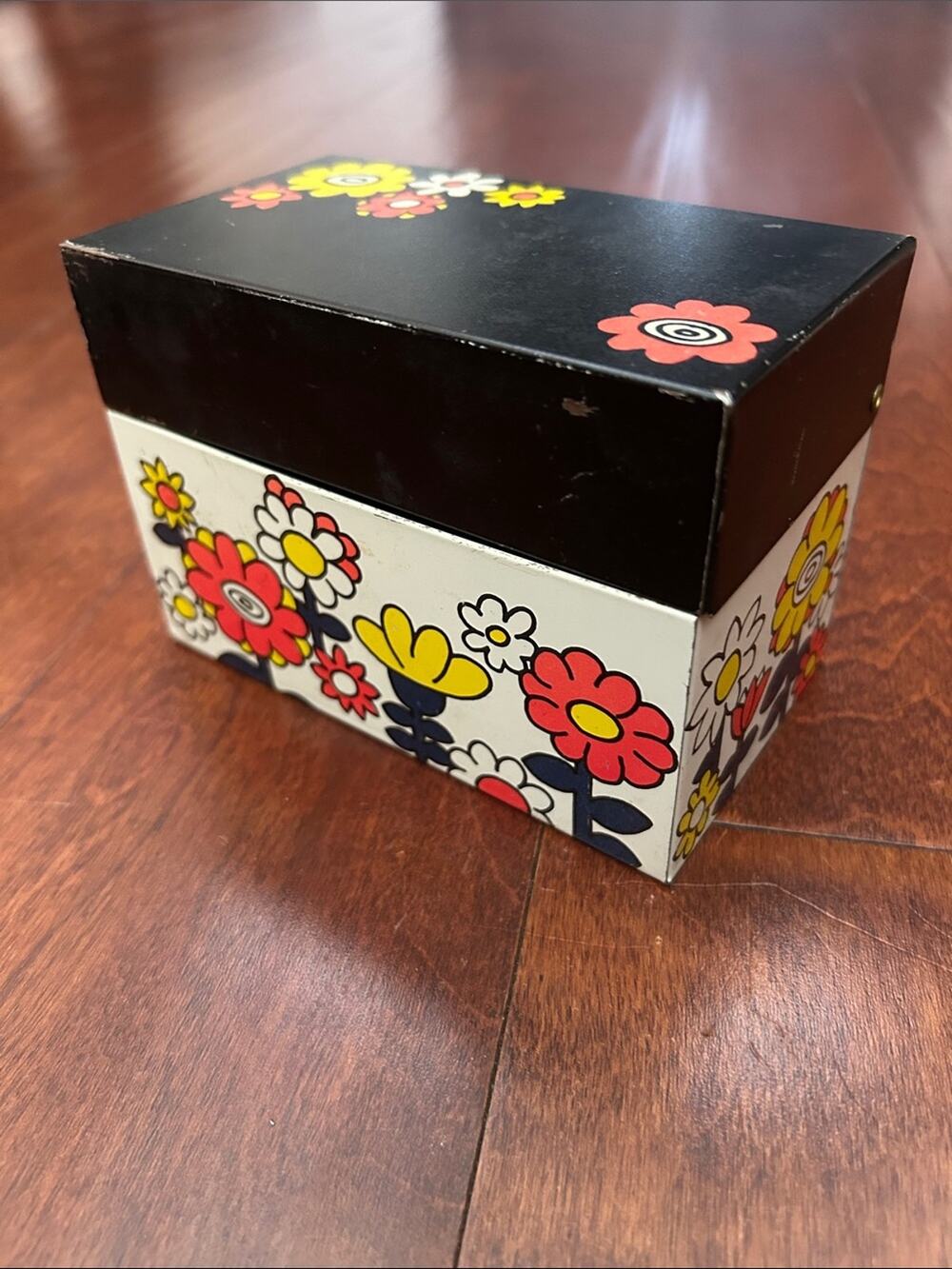 Vintage 1960s Style Metal Recipe Box, Flower Power Pattern